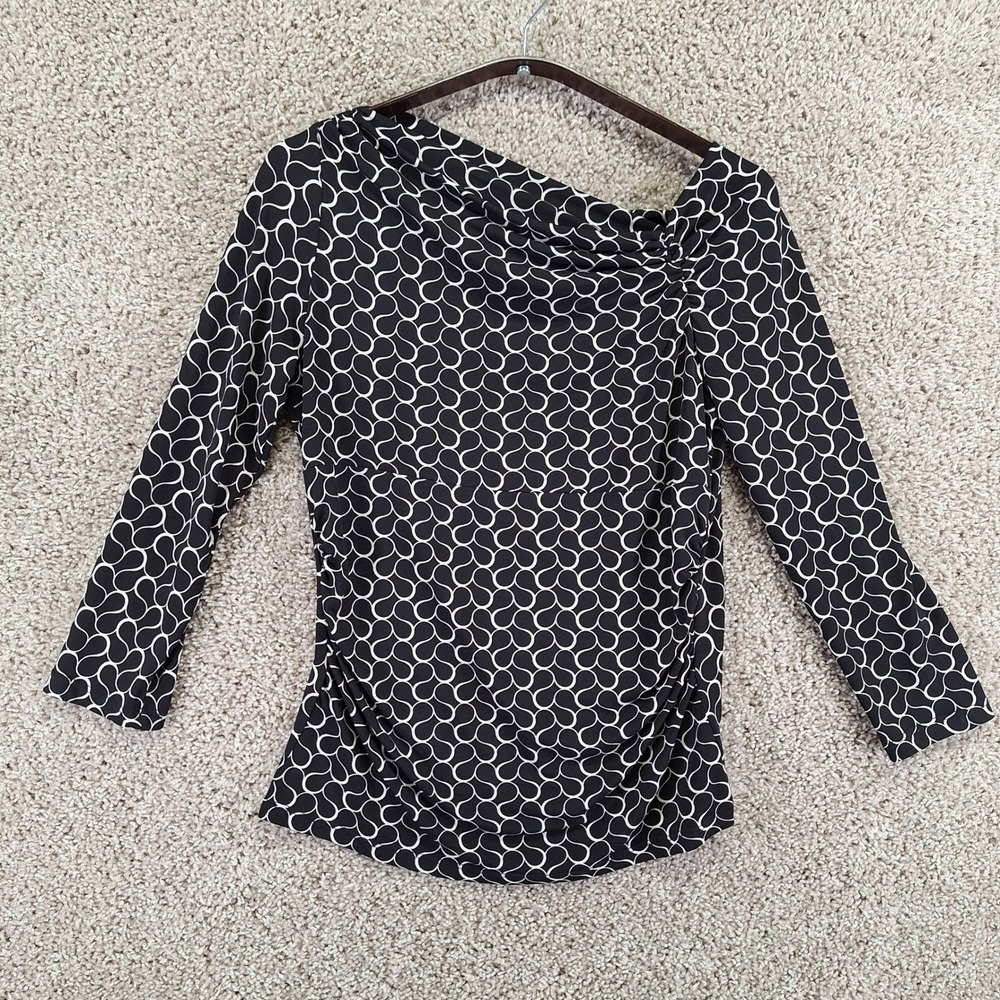 MIXIT Top Womens Medium Black Geometric Asymmetrical Neck 3/4 Sleeve Chic Modern
